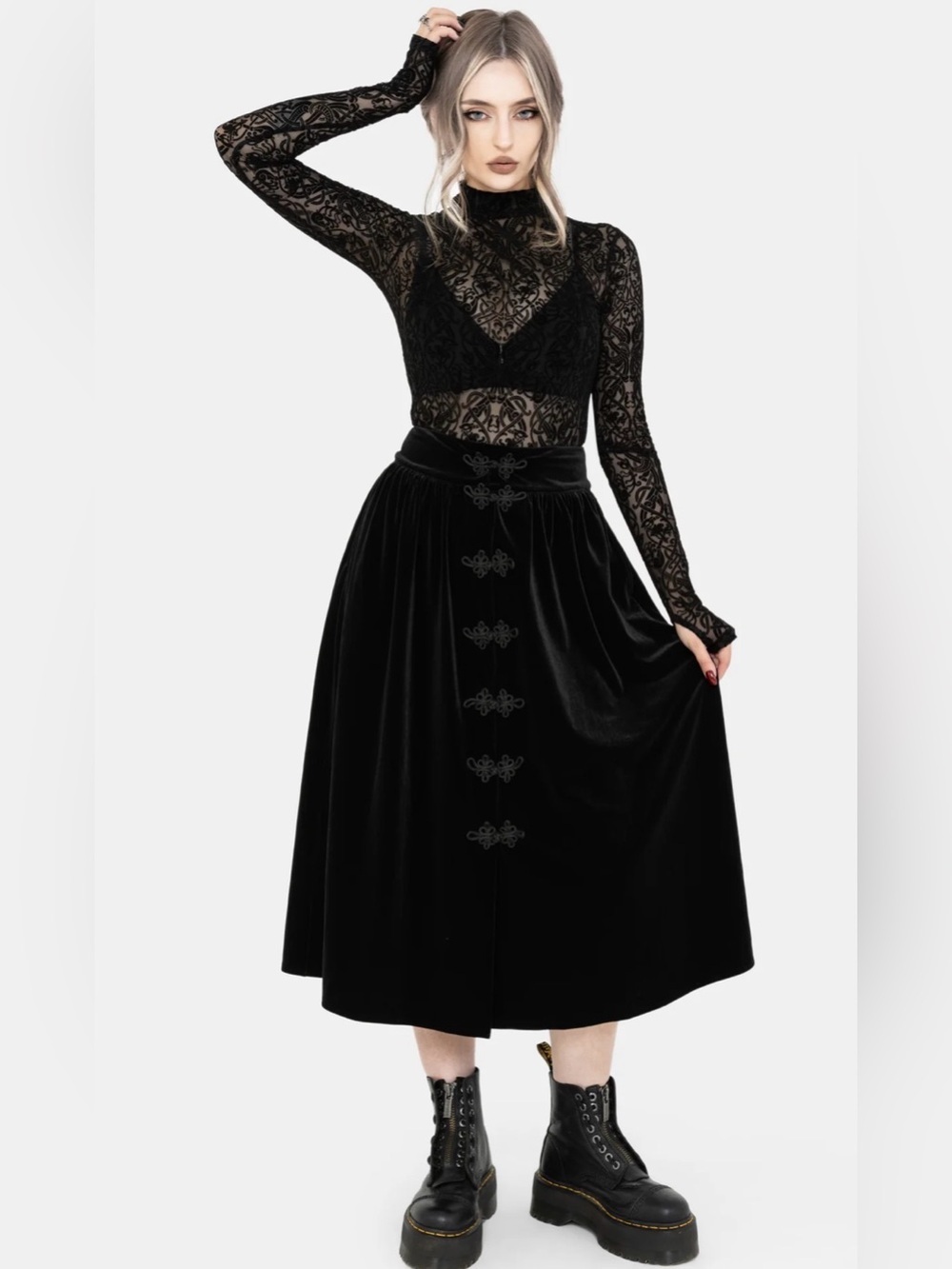 NWT Disturbia Nova Velour Frog Closure Midi Skirt size US 10 - Picture 4 of 8